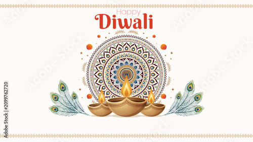 Happy diwali wishes with diwali lanterns and peacock feathers decorations