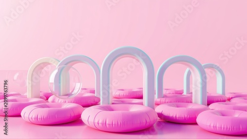 Pink arches, inflatable rings create surreal scene. Minimalist composition, soft lighting, pastel tones dominate image.