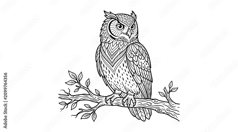 Obraz premium Intricate black and white line art illustration of a majestic owl perched on a tree branch.