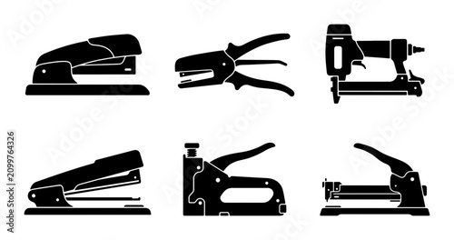 Office Staplers and Tackers, Industrial Tools Set, Black Vector Icons for Construction and Stationery
