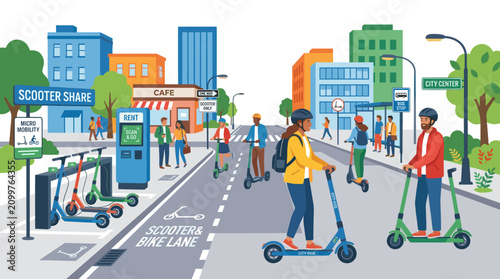 City street with people using electric scooters and bikes.
