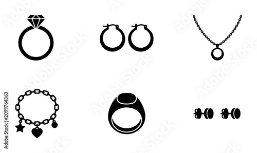 Fotografía Jewelry Icons Set: Diamond Ring, Hoop Earrings, Pendant Necklace, Charm Bracelet