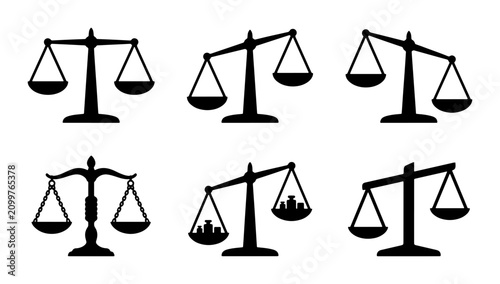 Tableau sur toile Scales of Justice Vector Icons, Balance Symbol Set, Legal Weighing Instruments,