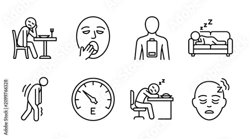 Fotografía Low Energy After Eating Line Icons Set with Food Coma Fatigue Tiredness Sluggish