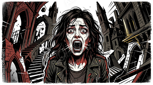 Tableau sur toile Terrified Woman Screaming in Ruined Gothic Architecture