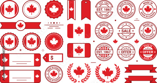 Canvastavla Made in Canada Label and Stamp Template Set with Canadian Flag Maple Leaf Badges