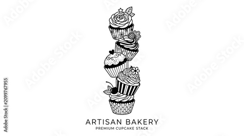 Foto Bakery cupcakes with icing and decorations.