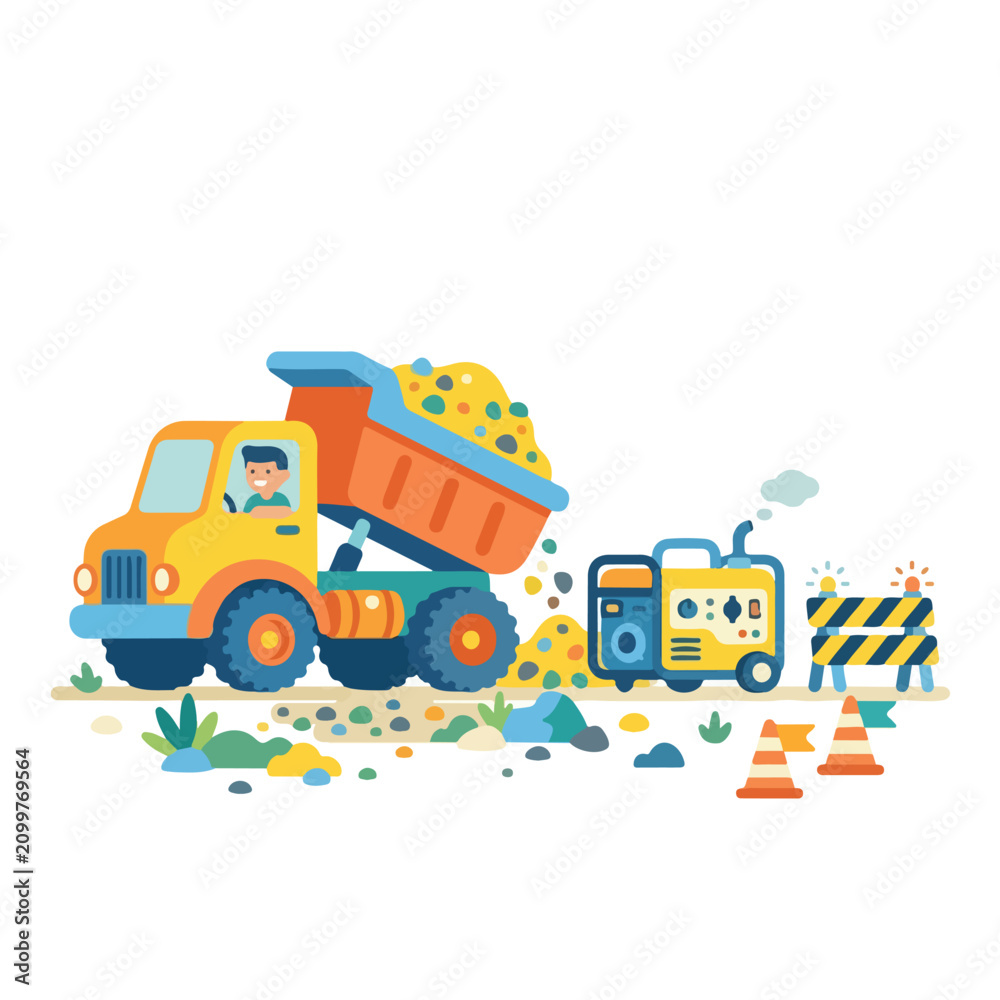 Naklejka premium A colorful cartoon dump truck unloads sand at a construction site featuring a generator, traffic cones, and barriers on a white background.