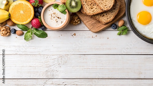 Healthy breakfast with eggs and fruit on a wooden table. Ideal for promoting a balanced and nutritious morning diet.