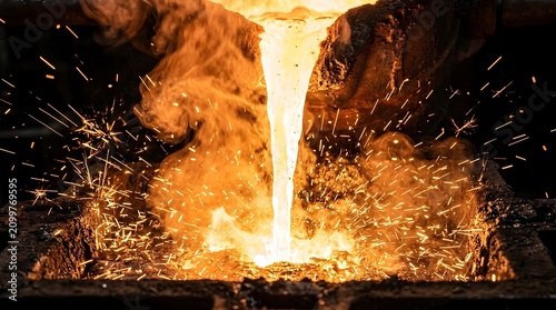 Molten metal pours into a fiery industrial furnace at night