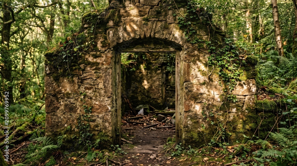 Obraz premium Ancient stone ruin with arched doorway overgrown with green ivy and moss nestled deep within a dense forest with dappled sunlight filtering through the trees onto the weathered masonry walls