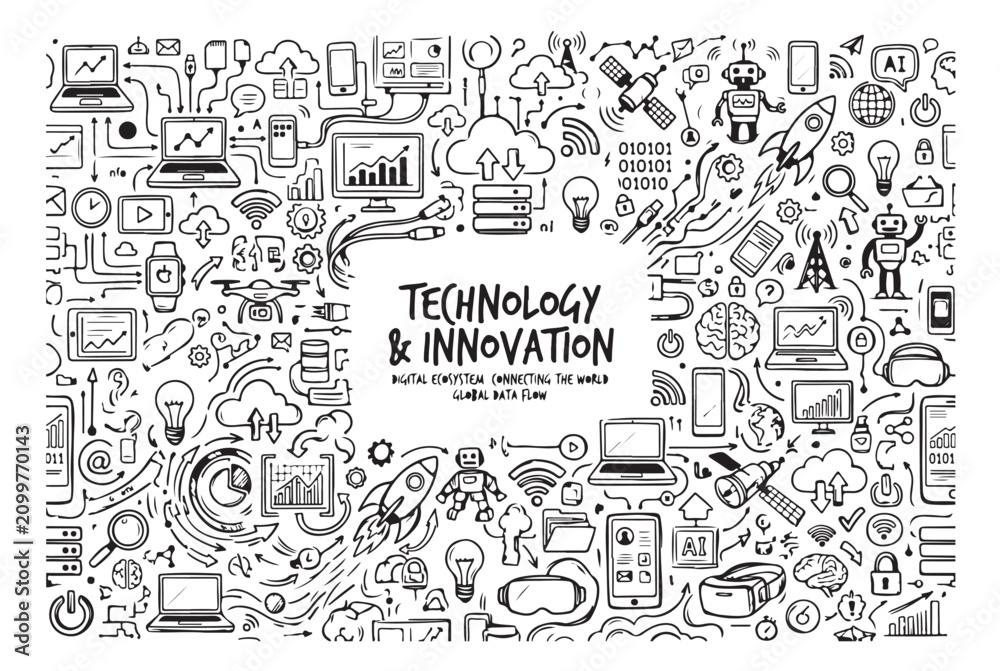 Obraz premium Abstract Pattern of Technology and Innovation Icons for Digital Concept Illustration