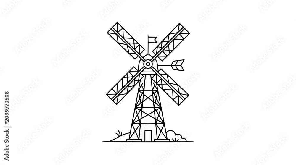 Obraz premium Outline illustration of a traditional windmill with four sails against a white background
