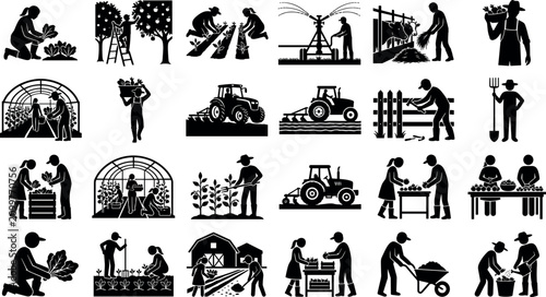 Foto Set of farming and agriculture icons featuring farmers working in fields, harves