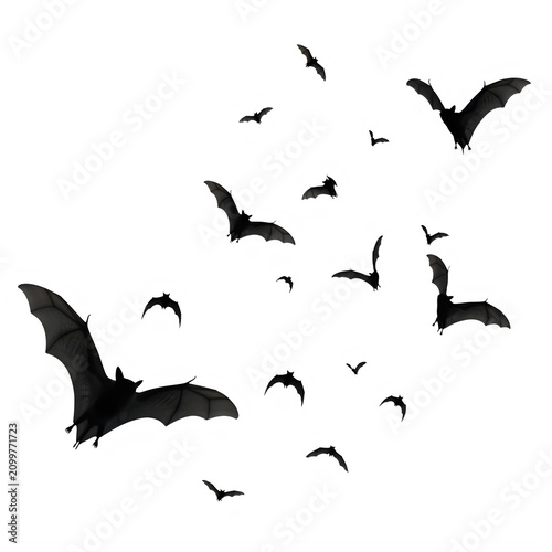 Black bats flying in a group isolated on transparent background