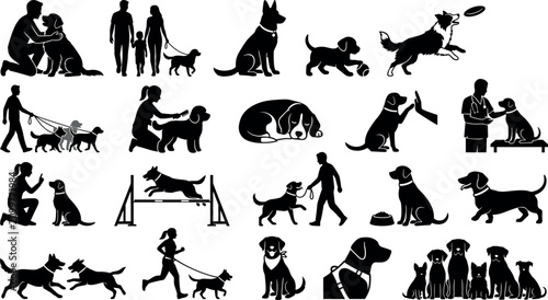 Quadro su tela Set of black silhouettes of dogs and their owners in various activities