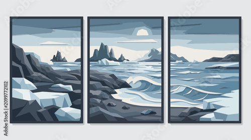 Foto Minimalist vector illustration featuring a triptych of a frozen arctic landscape