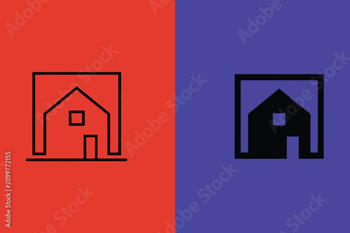 Minimalist house inside a square frame in outline and solid styles on red and blue backgrounds