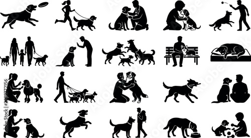 Quadro su tela Set of silhouettes of people with dogs, pet owners walking, playing, training, g