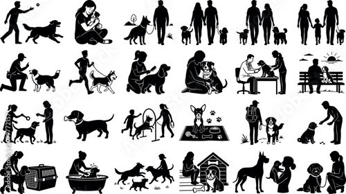Photos Set of silhouettes of people interacting with their dogs, including walking, pla