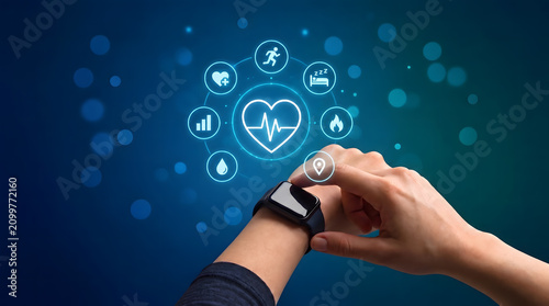 Smartwatch health tracker concept: Hand using wearable technology with glowing fitness and medical hologram icons, Futuristic digital health monitoring.