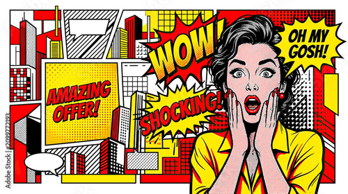 Fotografi Surprised Woman, Comic Book Style, Amazing Offer