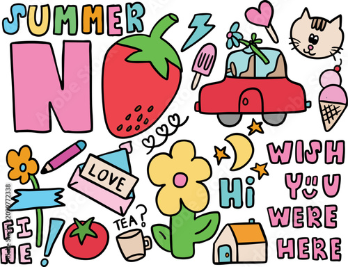 Fotografie Vector illustration of kid drawing elements such as SUMMER letters, red car, hea