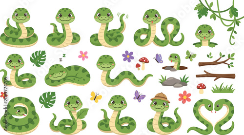 Snakes in Various Playful and Natural Poses with Flowers and Leaves Around Them Featuring Snake, Green, Cartoon with Nature