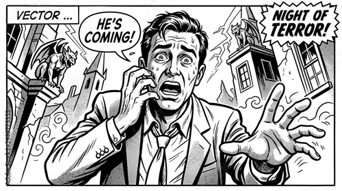 Quadro su tela Man scared on phone during spooky night, comic style