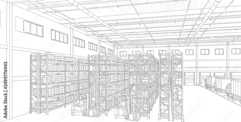Obraz premium Warehouse Interior Sketch with Racks and Shelves, Industrial Storage Space Drawing