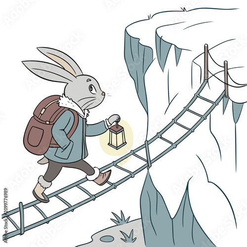 Bild auf Leinwand A rabbit with a backpack carrying a lantern across a rope bridge in a snowy moun