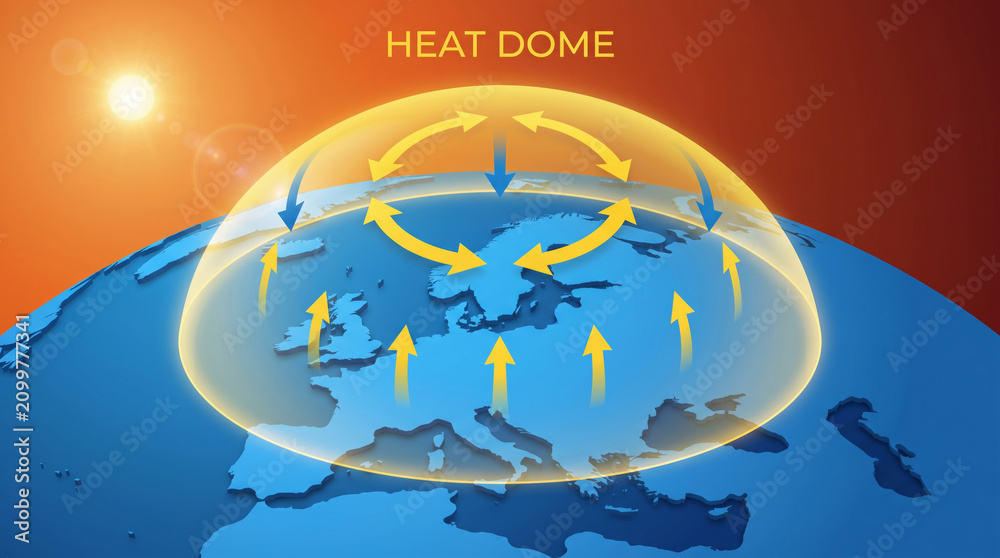 Fototapeta premium Heat wave extreme climate weather map heat dome effect over world illustration shows hot air pattern. Global warming crisis emergency. hot summer high temperature, drought