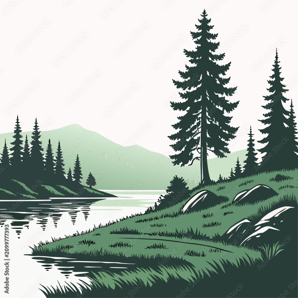 Fototapeta premium Calm river landscape with rocky shoreline and tall pine trees against a mountain backdrop, in a stylized flat