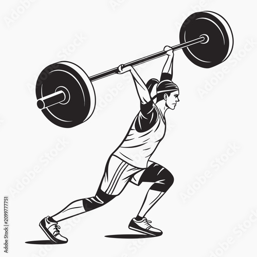 Картината върху платно A black and white line of a female athlete performing a barbell snatch lift, iso