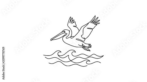 Minimalist single line drawing of a pelican flying over waves