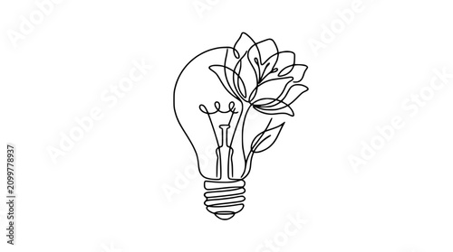 Foto Continuous Line Drawing: Lightbulb with Blooming Flower, Symbolizing Creative Id