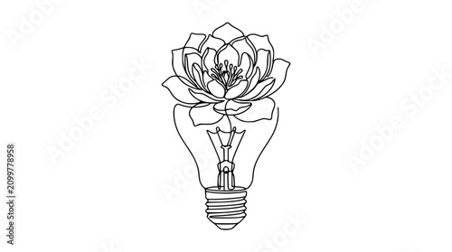 Bild auf Leinwand Creative Idea Concept: Lotus Flower Blooming from Light Bulb, Single Line Art