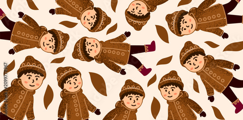 Bild auf Leinwand Children wearing winter coats folk pattern with leaves design