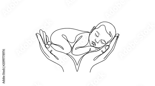Foto Sleeping Newborn Baby in Caring Hands, Continuous Line Art