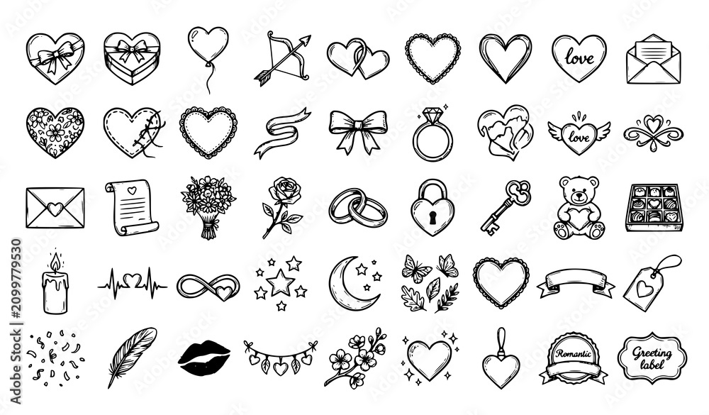 Obraz premium Love Symbol Hand Drawn Sketch Vector Pack with Heart Ribbon and Bow Elements