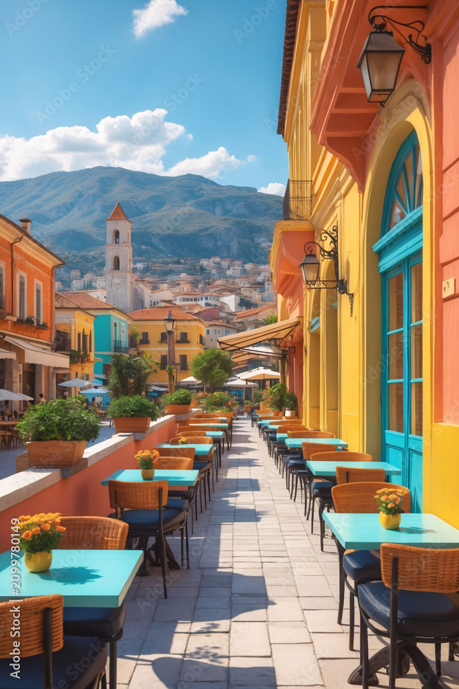 Fototapeta premium Stunning Mediterranean alley featuring travel and tourism through artistic landscape photography with bright buildings and cafes