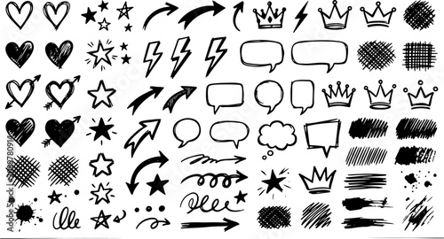 Assorted hand drawn doodles including hearts stars crowns and speech bubbles with sketches elements illustration collection decorative business scribble