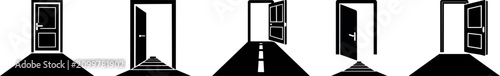 Five black and white minimalist illustrations of doors viewed from different angles and perspectives.