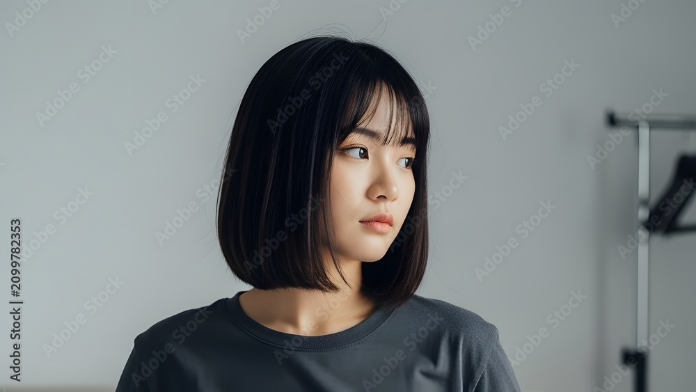 Fototapeta premium Beautiful young Asian woman with stylish black bob haircut looking sideways