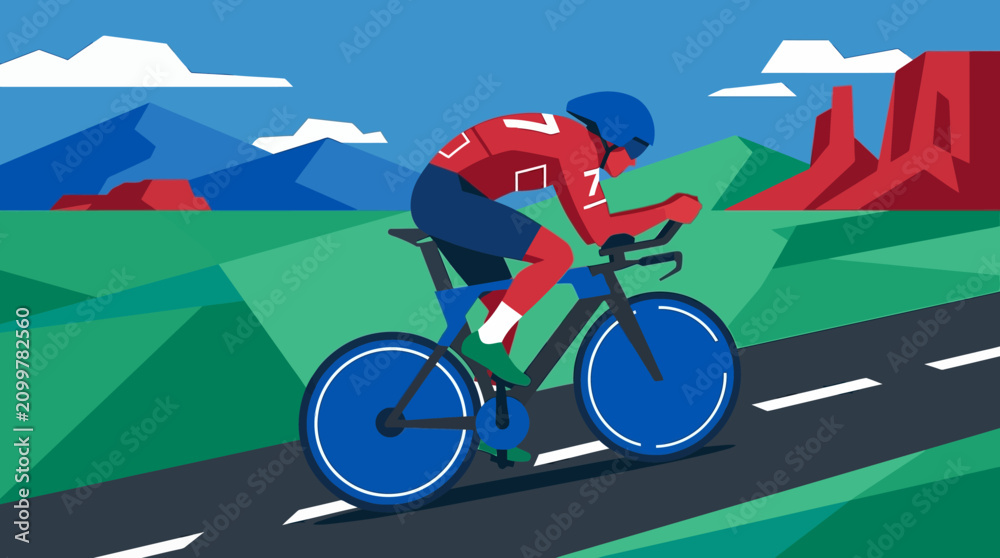 Fototapeta premium A professional cyclist riding a time trial bike on a road through a scenic landscape.