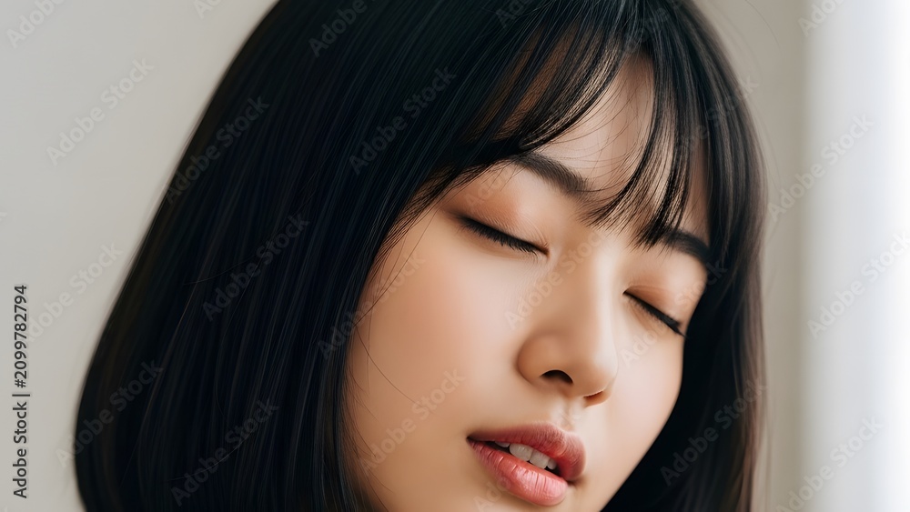 Fototapeta premium Close Up Serene Young Asian Woman With Closed Eyes For Beauty Wellness