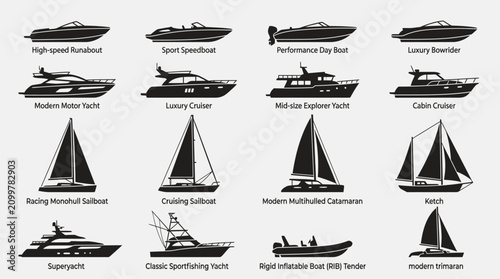 Fotografie Set of various boat and yacht silhouettes showing different types of marine vessels