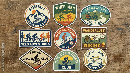 Set of vintage style cycling club stickers and badges with mountain bike themes.