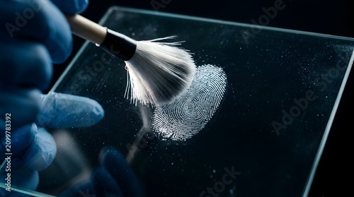 Forensic scientist dusting for fingerprints on a glass surface with a brush