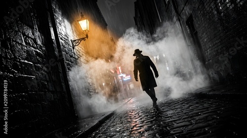 A solitary figure in a trench coat and hat strides through a dimly lit, foggy urban alley at night, a classic scene of mystery and intrigue under the glow of a gas lamp